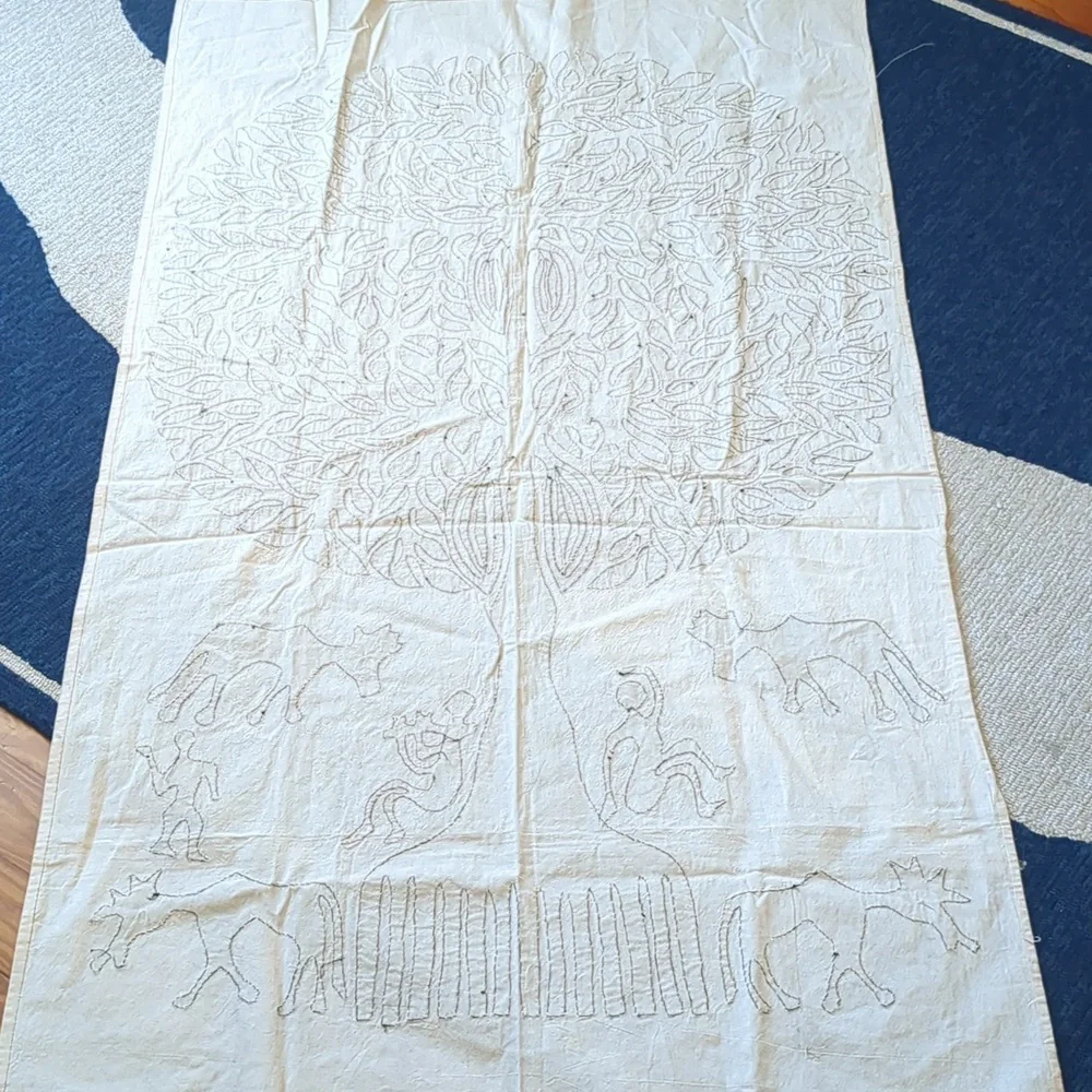 Huge Black and Tan Tree of Life Hand Appliqued Wall Hanging Tapestry
